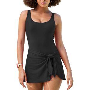 Women Black Tummy One Piece Tie Knot Swimdress Skirt Bathing
